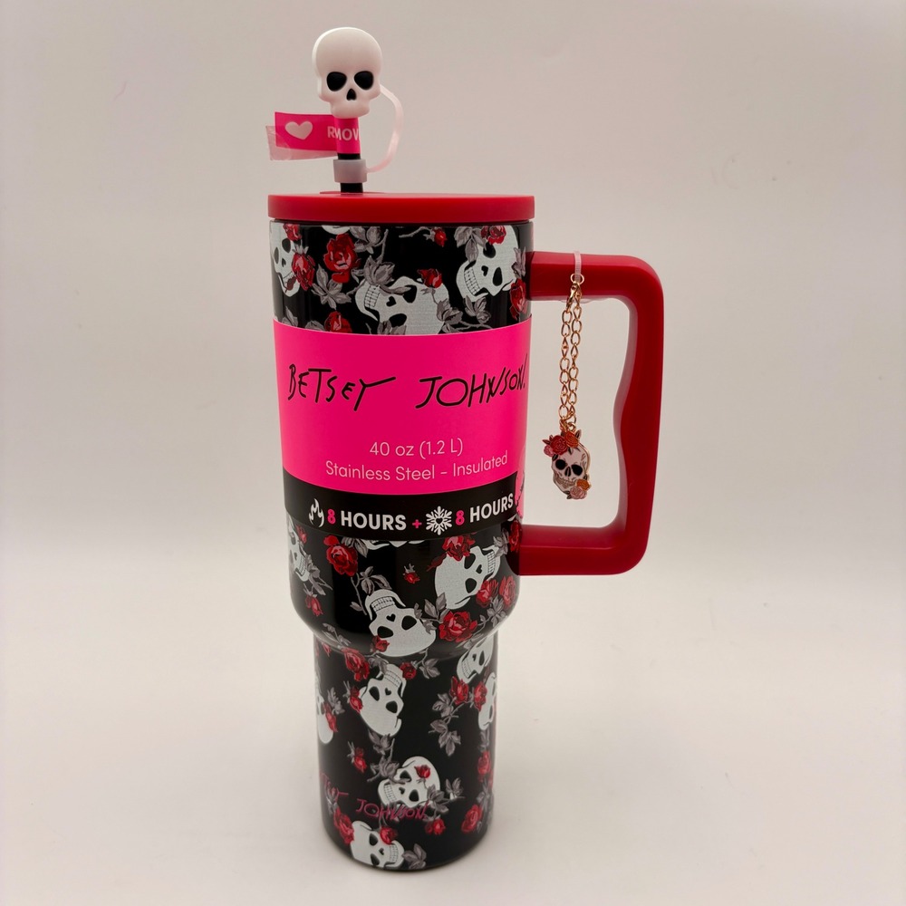 Betsey Johnson 40oz Stainless Steel Insulated Tumbler Skull Rose Straw Topper